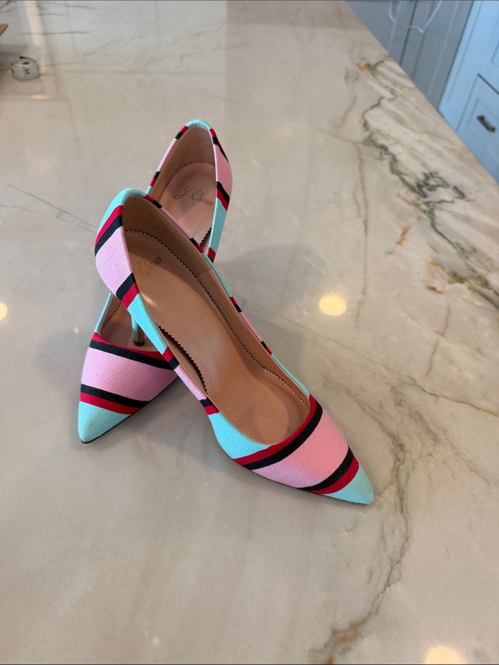 ♥️J. Crew Pink, Aqua & Red Striped Pointed-Toe Pumps…….Super Cute! - Picture 2 of 13